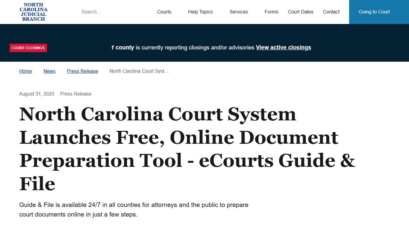 North Carolina Court System Launches Free, Online Document Preparation Tool - eCourts Guide & File | North Carolina Judicial Branch